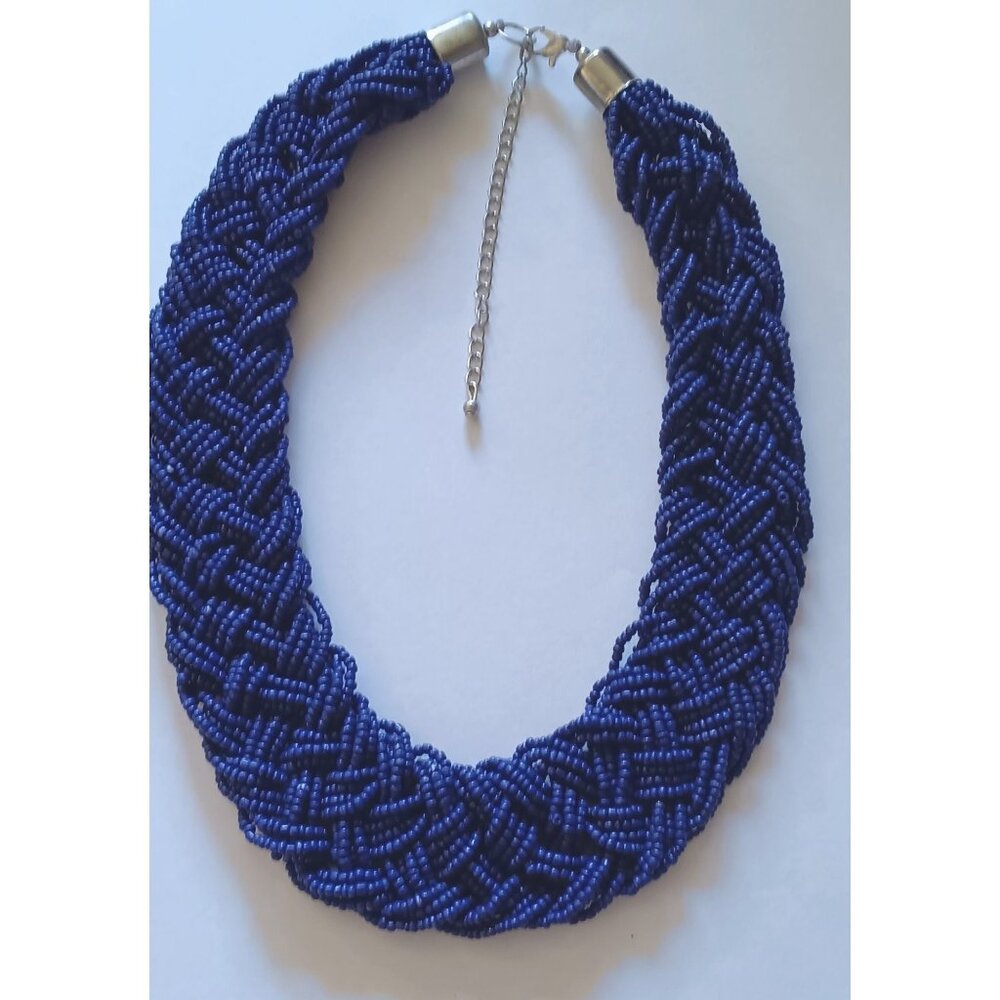 Chunky Braided Blue Beaded Necklace With Silver-Tone Chain & Lobster Clasp Closu